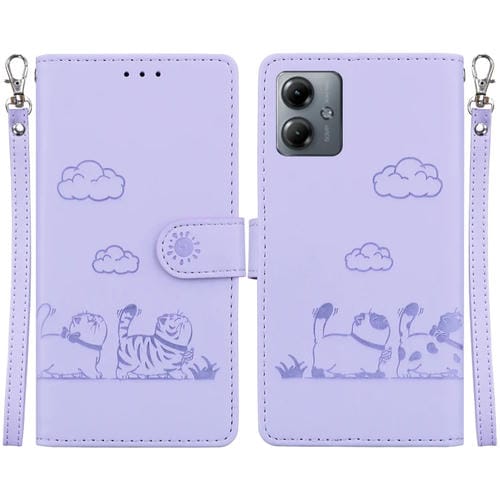 Funda de Cuero Rfid para Motorola Moto G14 con Diseño de Gatos (Morado)