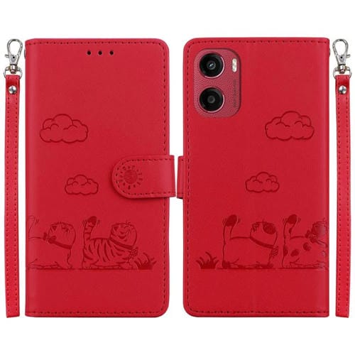 Funda de Cuero Rfid para Motorola Moto G05/E15 con Diseño de Gatos (Roja)