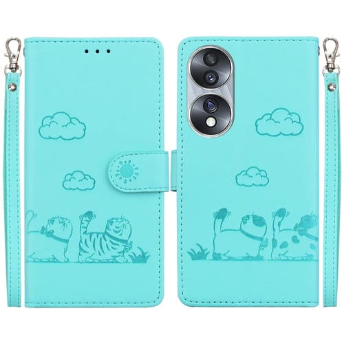 Funda de Cuero Rfid para Honor 70 con Diseño de Gatos (Verde)