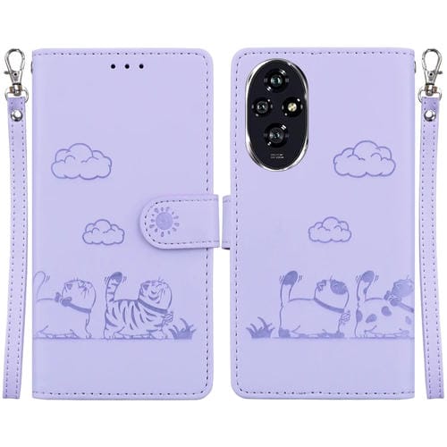 Funda de Cuero Rfid con Diseño de Gatos para Honor 200 5G (Morada)