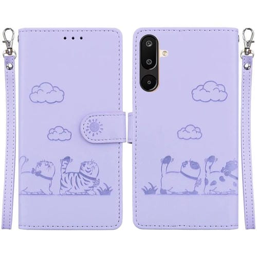 Funda de piel RFID con diseño de gatos para Samsung Galaxy M16 5G / F16 5G / M36 5G (morada)