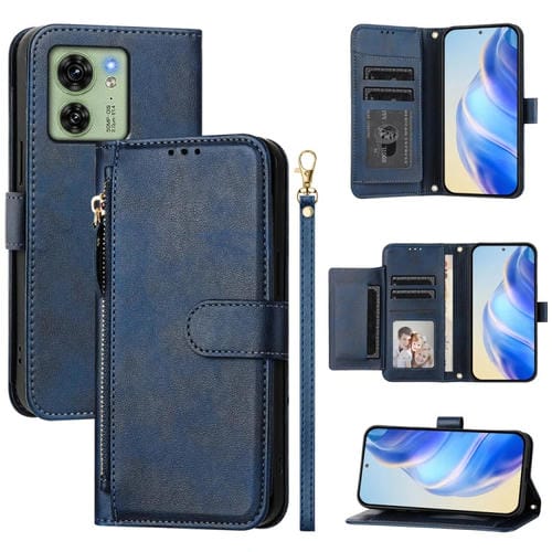 Funda de Cuero con Cremallera y Ranuras para Tarjetas para Motorola Edge 40 Global/Edge 2023 (Azul)