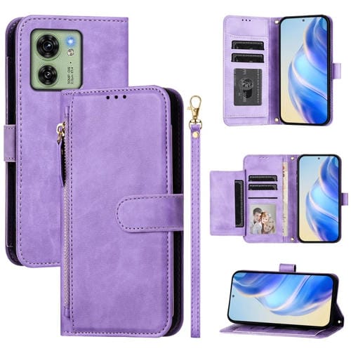 Funda de Cuero con Cremallera y Ranuras para Tarjetas para Motorola Edge 40 Global/Edge 2023 (Morado)