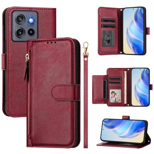 Funda de Cuero con Cremallera y Ranuras para Tarjetas para Motorola Edge 50 Neo (Rojo Oscuro)