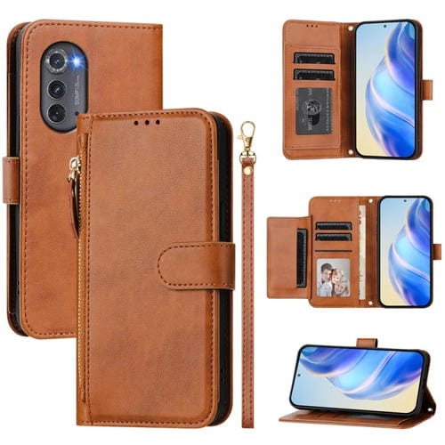 Funda de Cuero con Cremallera y Ranuras para Tarjetas para Motorola Edge 2022 / Edge 5G Uw 2022 (MarrĂłn)