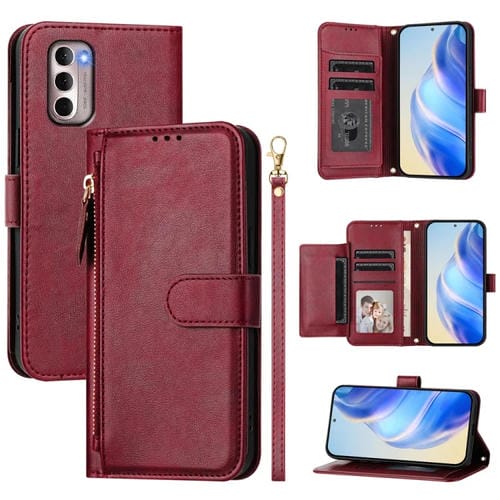 Funda de Cuero con Cremallera y Ranuras para Tarjetas para Motorola Moto G Stylus 4G (2022) (Rojo Oscuro)