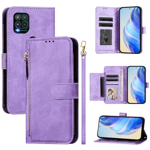 Funda de Cuero con Cremallera y Ranuras para Tarjetas para Motorola Moto G Stylus 5G (2021) (Morado)