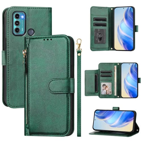 Funda de Cuero con Cremallera y Ranuras para Tarjetas para Motorola Moto G60/Moto G40 Fusion (Verde)