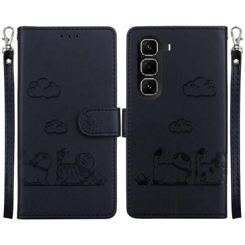 Funda de cuero RFID con diseño de gatos para Infinix Hot 50 Pro 4G (negra)