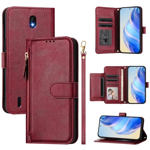 Funda de Cuero con Cremallera y Ranuras para Tarjetas para Nokia C01 Plus/C1 2.ª Edición (Rojo Oscuro)