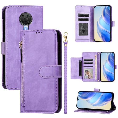 Funda Cuero Tipo Billetera Nokia G20 G10 6.3 con Cremallera y Ranuras (Morado)