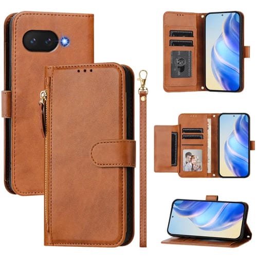 Funda de Cuero con Cremallera y Ranuras para Tarjetas para Google Pixel 9A (MarrĂłn)