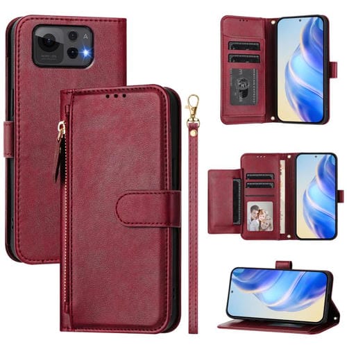 Funda de Cuero con Cremallera y Ranuras para Múltiples Tarjetas para Asus Zenfone 12 Ultra (Rojo Oscuro)