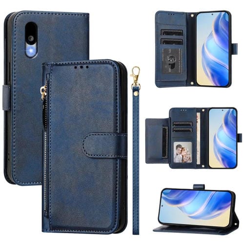 Funda de Cuero para Sharp Basio Active3 con Cremallera y Ranuras para Tarjetas (Azul)