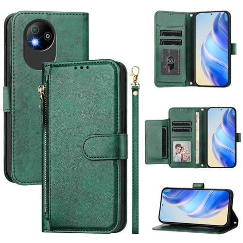 Funda de Cuero con Cremallera y Ranuras para Tarjetas para ZTE Blade A35 Lite/A35 Core (Verde)