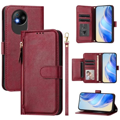 Funda de Cuero con Cremallera y Ranuras para Tarjetas para ZTE Blade A35 Lite/A35 Core (Rojo Oscuro)