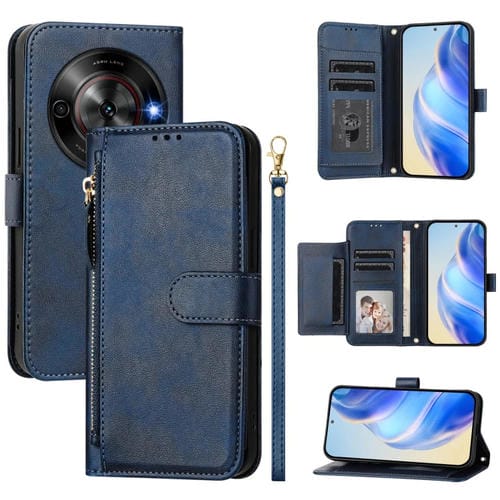 Funda de Cuero con Cremallera y Ranuras para Tarjetas para ZTE Blade A75 5G Nubia Focus (Azul)