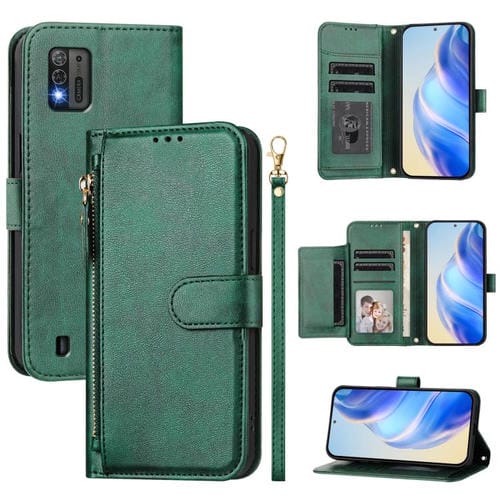 Funda de cuero con cremallera y ranuras para mĂșltiples tarjetas para ZTE Blade A52 Lite (verde)