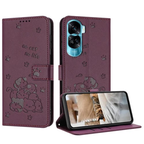 Funda de Piel con Diseño de Gatito en Relieve y Cordón para Honor 90 Lite/X50I 5G (Rojo Vino)