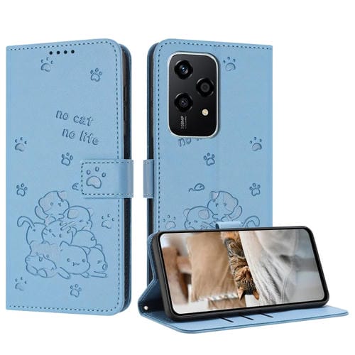Funda de Cuero con Estampado de Gatito y CordĂłn para Honor 200 Lite 5G (Azul)