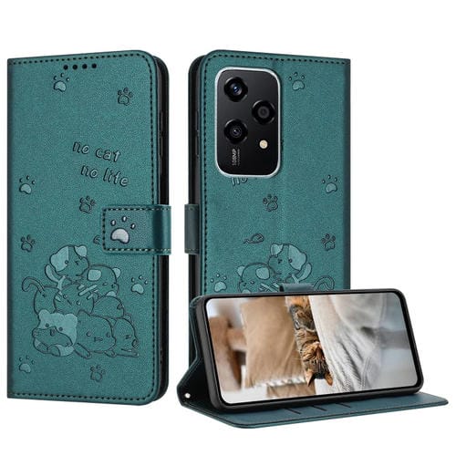 Funda de Cuero con Estampado de Gatito y CordĂłn para Honor 200 Lite 5G (Verde Oscuro)
