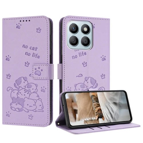 Funda de Piel para Honor X8B con Diseño de Gatito en Relieve y Cordón (Morado)