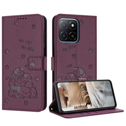 Funda de Piel para Honor X5B y X5B Plus con Diseño de Gatito en Relieve y Cordón (Rojo Vino)