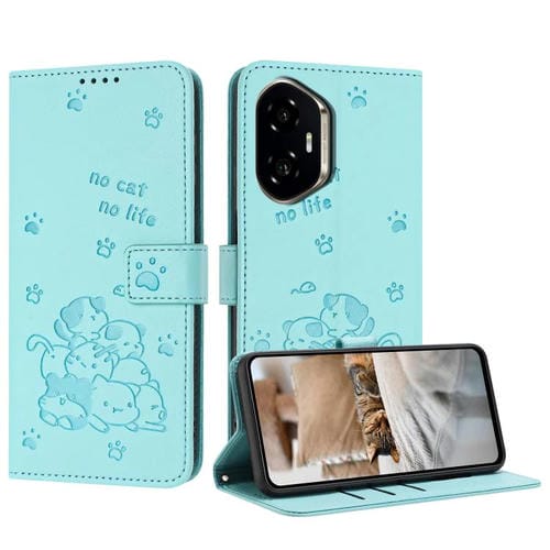 Funda de Piel para Honor 300 con Diseño de Gatito en Relieve y Cordón (Verde Menta)