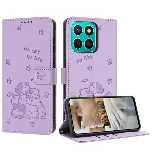 Funda de Piel para Honor X8C 4G con Diseño de Gatito en Relieve y Cordón (Morado)