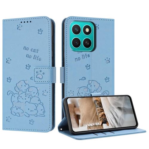 Funda de Piel para Honor X8C 4G con Diseño de Gatito en Relieve y Cordón (Azul)