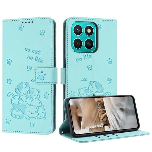 Funda de Piel para Honor X8C 4G con Diseño de Gatito en Relieve y Cordón (Verde Menta)