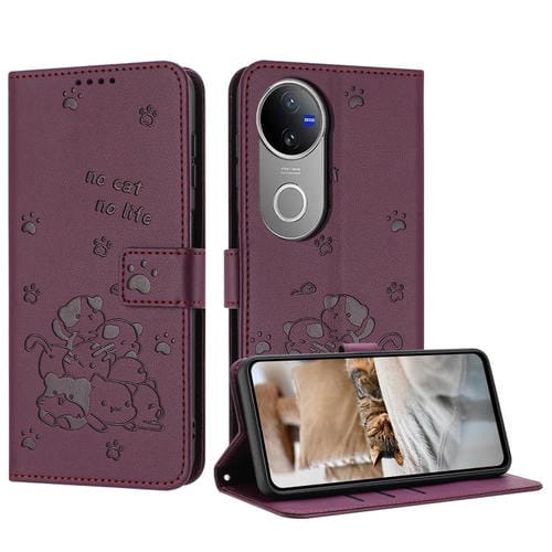 Funda de Piel con Estampado de Gatito y Cordón para Vivo V50 5G (Rojo Vino)