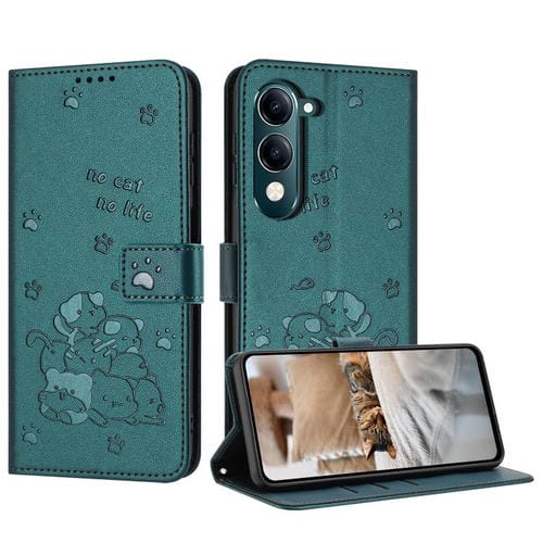 Funda de Piel con Diseño de Gatito En Relieve y Cordón para Vivo Y29S 5G / Y04 4G (Verde Oscuro)