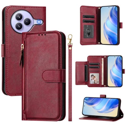 Funda de cuero con cremallera y ranuras para mĂșltiples tarjetas para Xiaomi Civi 5 Pro (rojo oscuro)