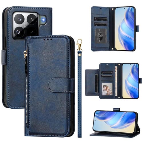 Funda de cuero con cremallera y ranuras para mĂșltiples tarjetas para Xiaomi 15S Pro (azul)