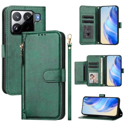 Funda de cuero con cremallera y ranuras para mĂșltiples tarjetas para Xiaomi 15S Pro (verde)