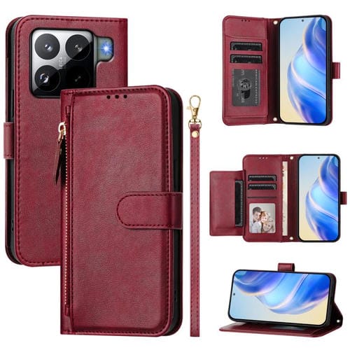 Funda de cuero con cremallera y ranuras para mĂșltiples tarjetas para Xiaomi 15S Pro (rojo oscuro)