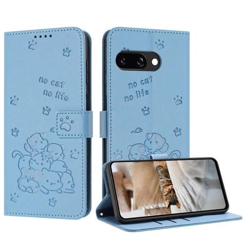 Funda de Cuero para Google Pixel 9A con Diseño de Gatito en Relieve y Cordón (Azul)