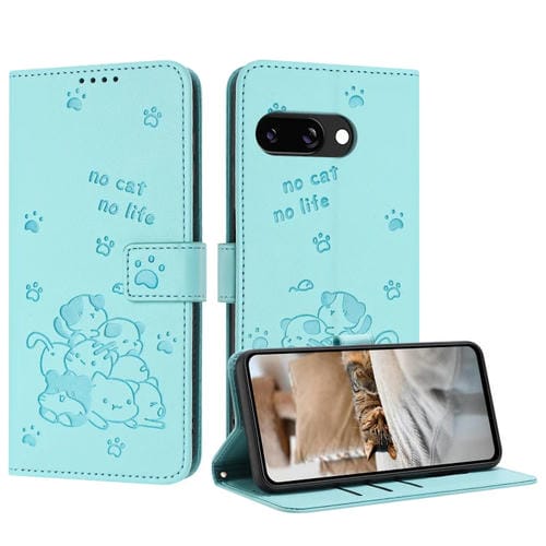 Funda de Cuero para Google Pixel 9A con Diseño de Gatito en Relieve y Cordón (Verde Menta)