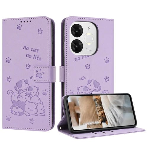 Funda de Cuero con Cordón para Teléfono Itel A80 con Diseño de Gatito en Relieve (Morado)