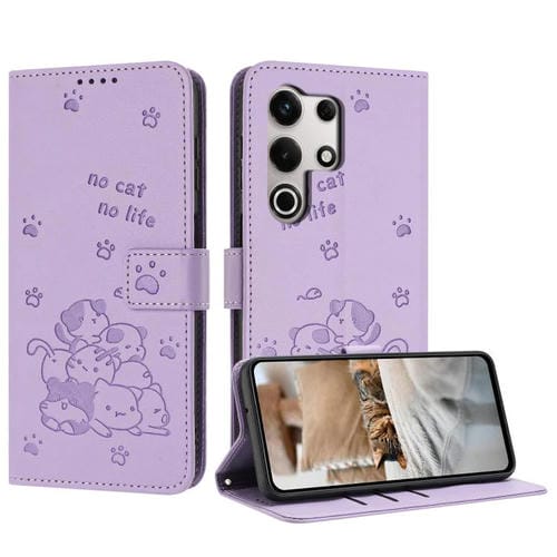 Funda de Cuero Itel S25 Ultra con Diseño de Gatito en Relieve y Cordón (Morado)