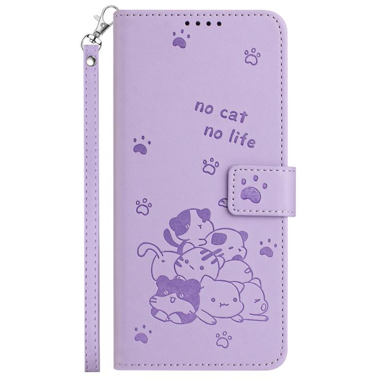 Funda de Cuero Itel S25 Ultra con Diseño de Gatito en Relieve y Cordón (Morado)