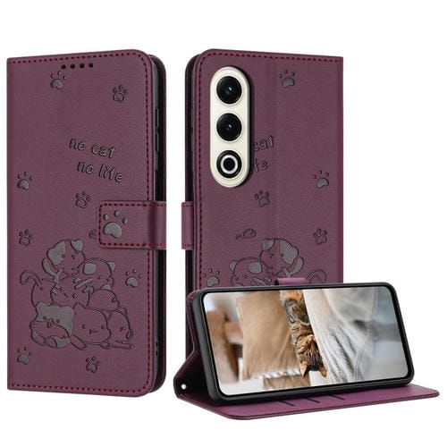 Funda de Cuero con Cordón para Teléfono Itel S25 con Gatito en Relieve (Rojo Vino)