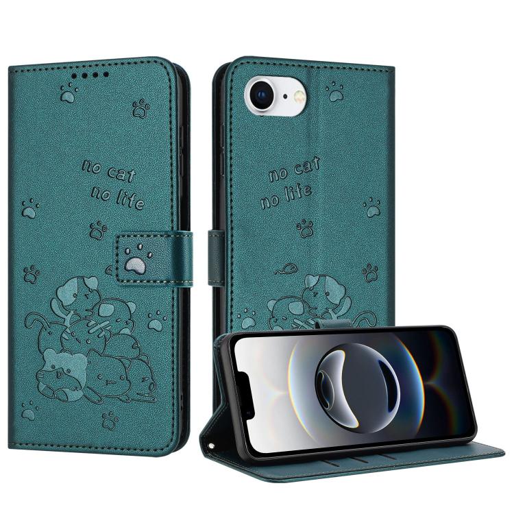 Funda de Piel para iPhone 16E Diseño de Gatito En Relieve con Cordón (Verde Oscuro)