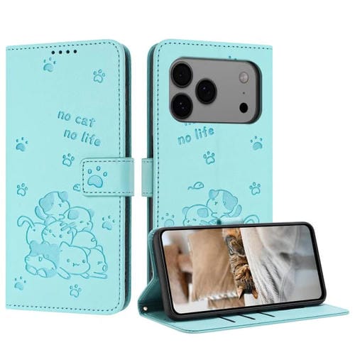 Funda de piel con diseño de gatito en relieve para iPhone 17 Pro Max con cordón (verde menta)