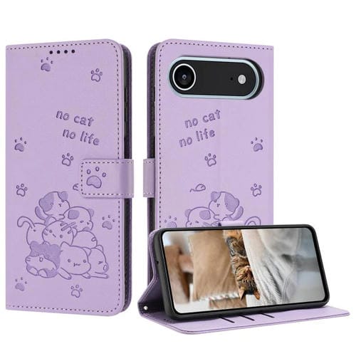 Funda de piel con diseño de gatito en relieve para iPhone 17 con cordón (morado)