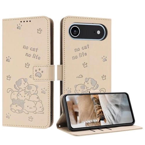 Funda de piel con diseño de gatito en relieve para iPhone 17 con cordón (beige)