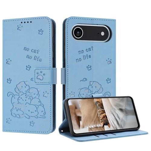 Funda de piel con diseño de gatito en relieve para iPhone 17 con cordón (azul)