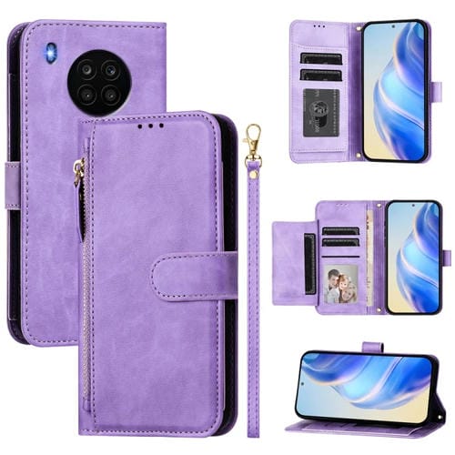 Funda de Cuero con Cremallera y Ranuras para MĂșltiples Tarjetas para Honor 50 Lite (Morado)