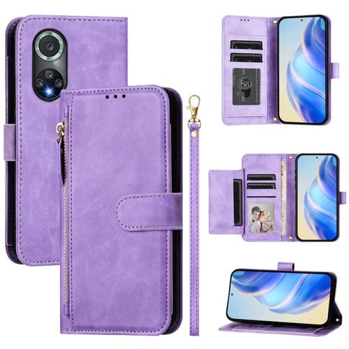 Funda de Cuero con Cremallera y Ranuras para MĂșltiples Tarjetas para Honor 50 Pro (Morada)